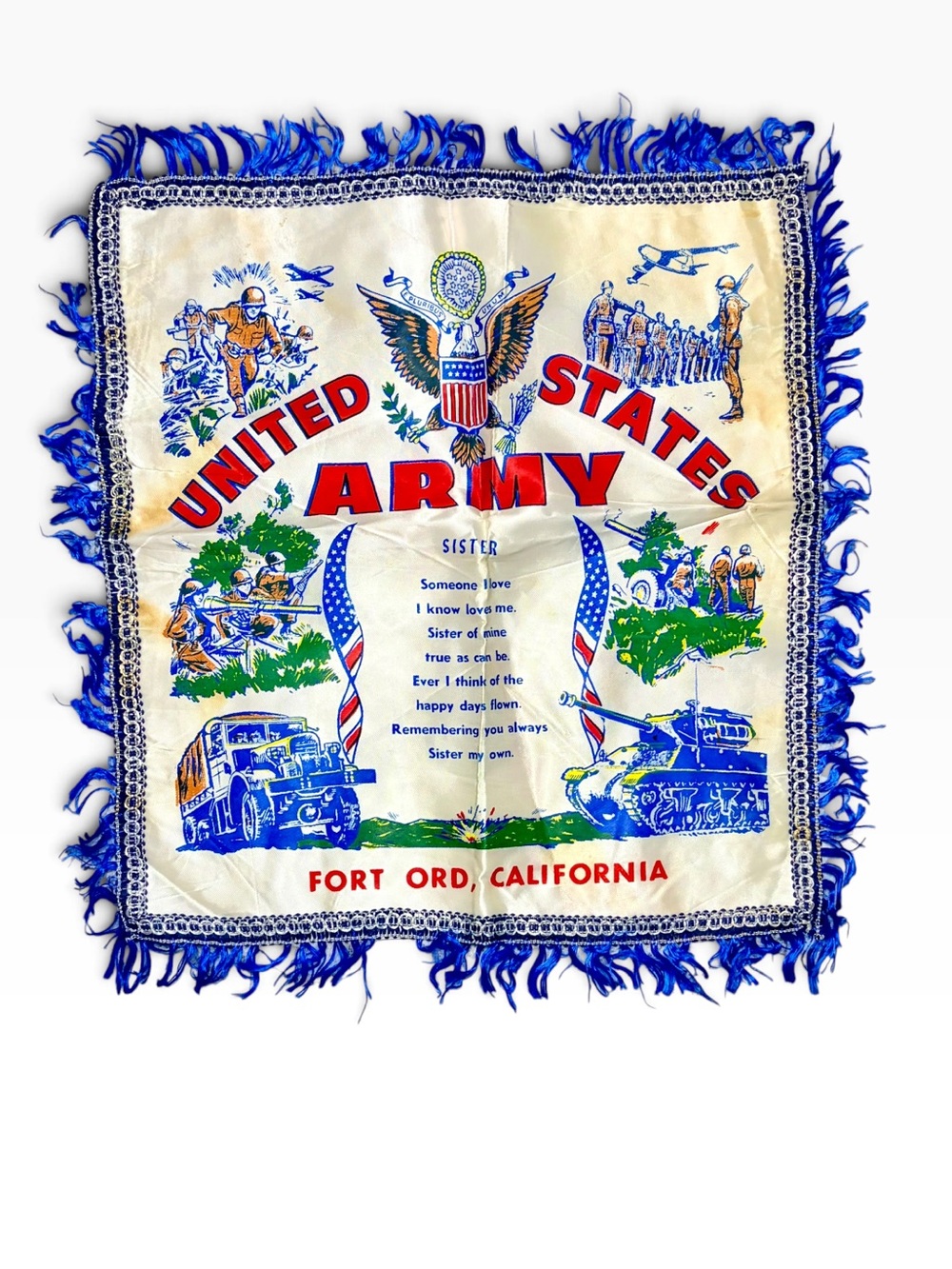 Vintage WW2 US Army Fort Ord California Sister Sweetheart Pillow Cover